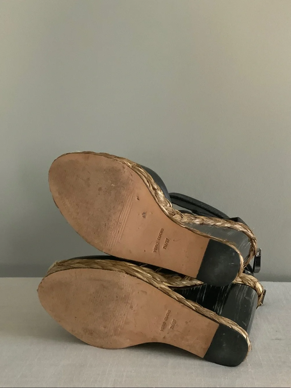 BCBGMaxAzria Black Leather Platform Espadrille Wedges